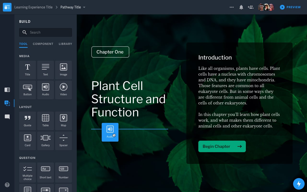 The aero lesson builder app dragging an audio component into a screen about plant cells.