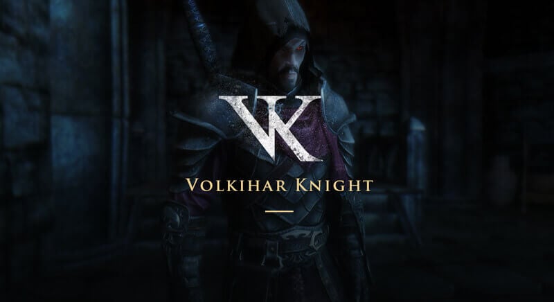 A dark elf wearing the Volkihar Knight armor with the logo overlaid on the image.